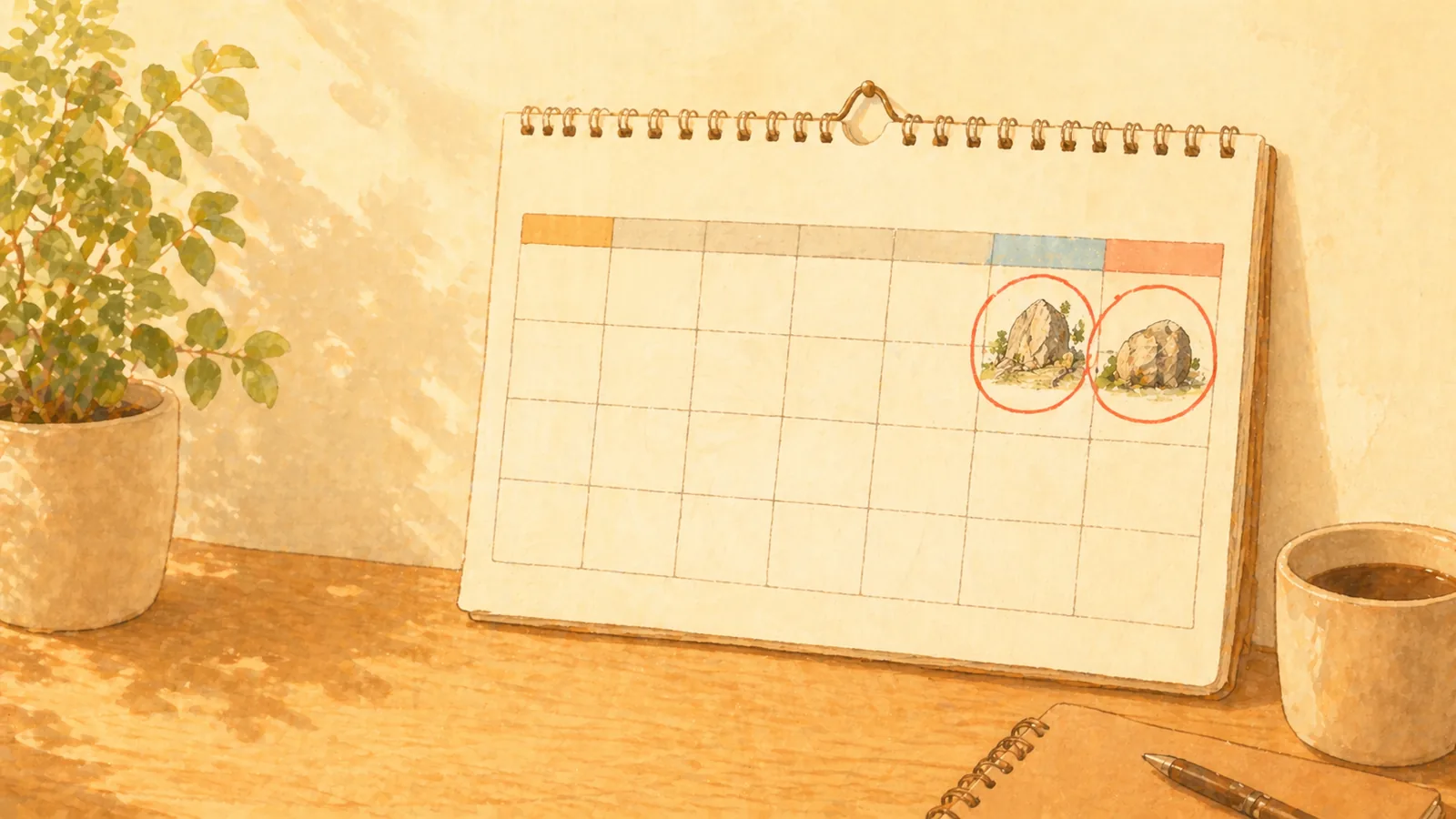 机の上の卓上カレンダーの土日に岩のイラストが丸で囲まれている手書き風イラスト